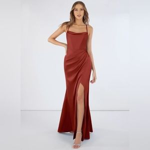 AZAZIE MARZIA Sheath Pleated Stretch Satin Floor-Length Dress Terracotta…